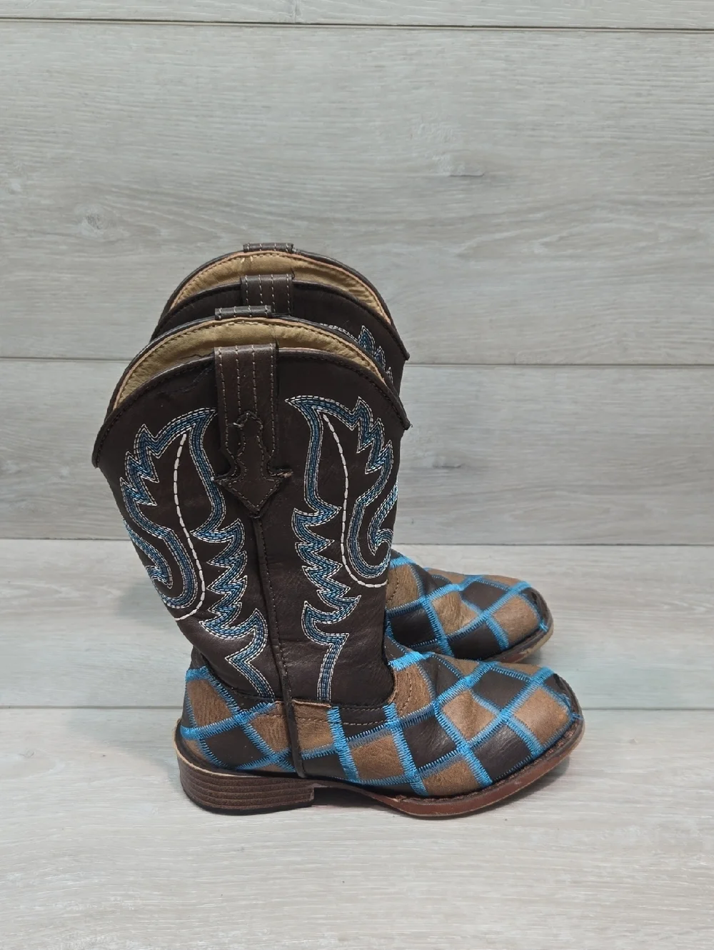 Roper Kids Girl Tall Leather Western Boots with Blue Stitch Plaid Shoes Sz 11